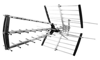 Antena Yagi, z wieloma elementami poziomymi, używana do odbioru sygnałów telewizyjnych.