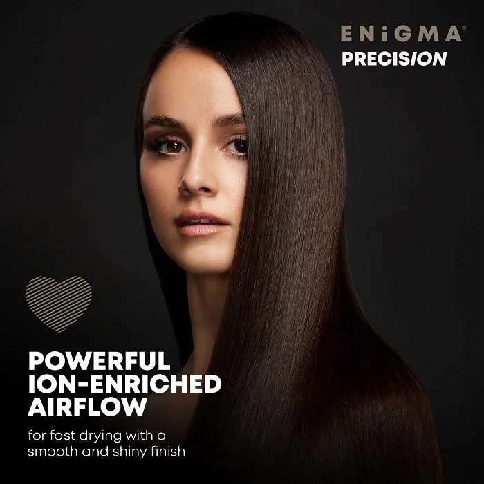 Hosszú, sötét hajú nő, és a Power Ion-Enriched Airflow szövege.