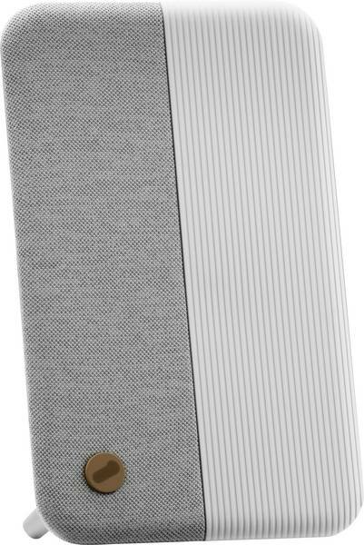Szary i biały głośnik smart. Szara tkanina po lewej, biały panel z żebrami po prawej.
