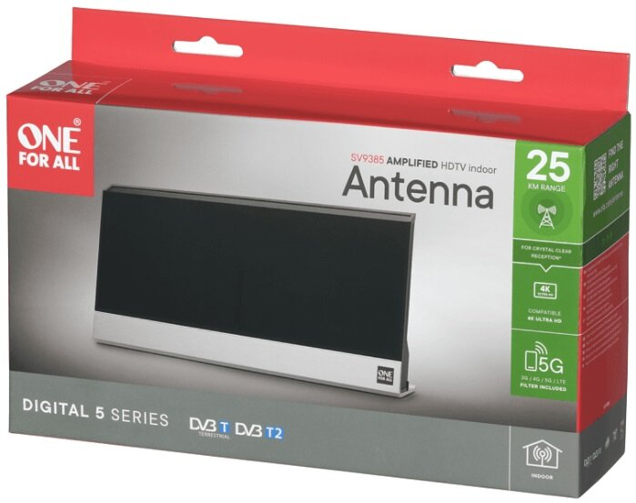 Wzmacniana antena wewnętrzna HDTV One For All w opakowaniu. Czerwone i czarne pudełko.