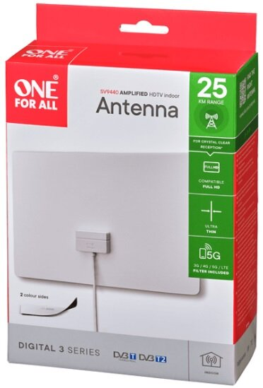 Białe pudełko anteny z tekstem: 'ONE FOR ALL' i 'ANTENNA'. Pokazuje zasięg 25 KM.