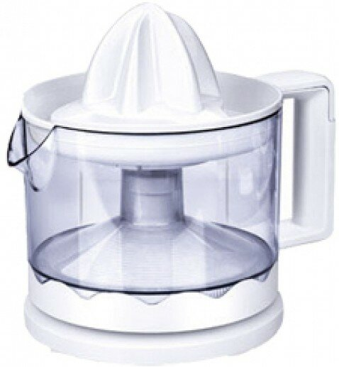 Biała wyciskarka do cytrusów z przezroczystym pojemnikiem i uchwytem. Stoi na białej podstawie.