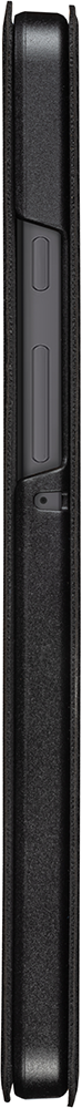 Black phone case, closed. It has two buttons and a simple, sleek design.