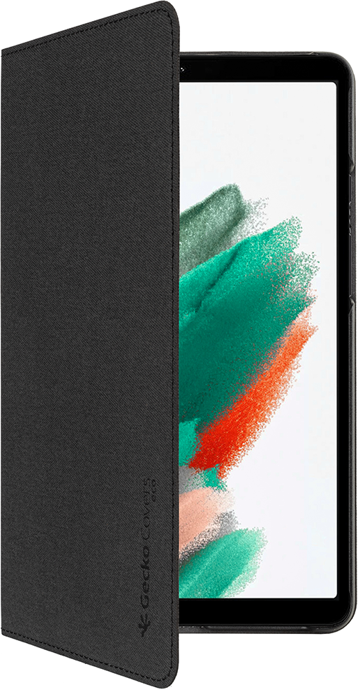 Tablet in black case, open to show screen with colorful shapes.