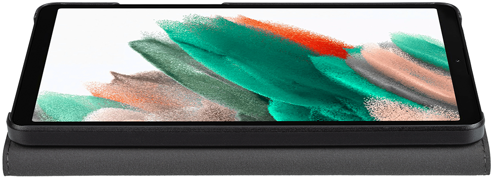 Black tablet in a case, displaying a colorful abstract image on the screen.