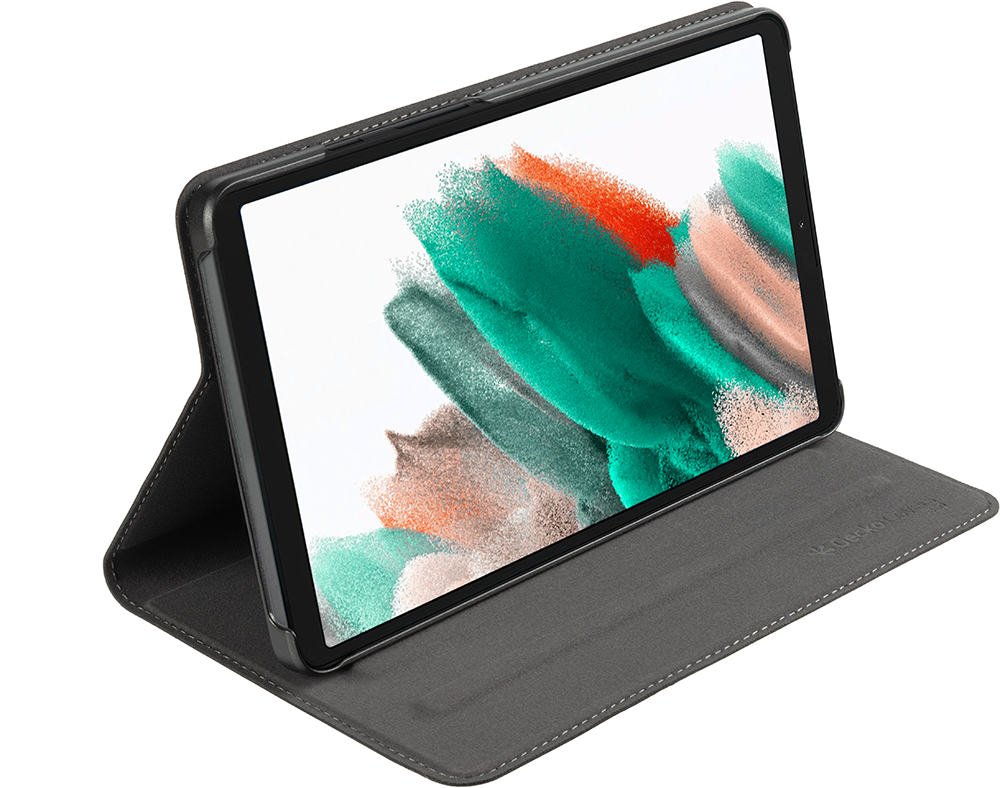 Tablet in a gray case, open, showing a screen. White background.