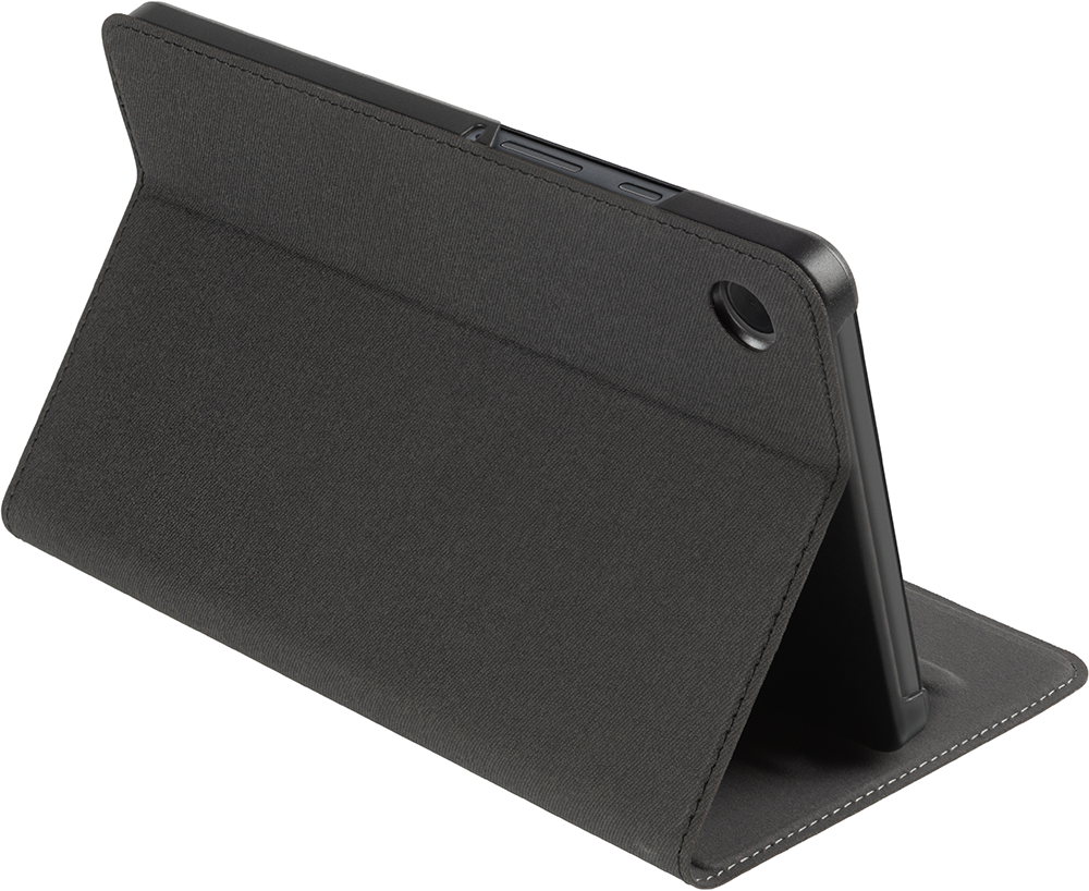 A tablet in a black case, angled upwards.