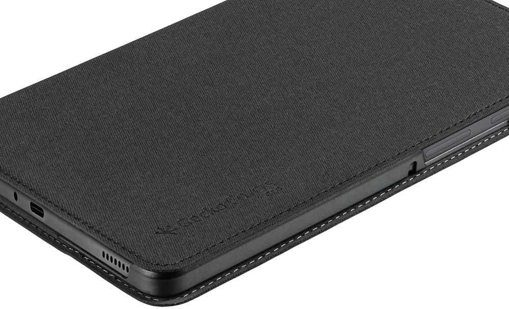 Black tablet case with the GeckCovers logo. The case is closed and laying flat.