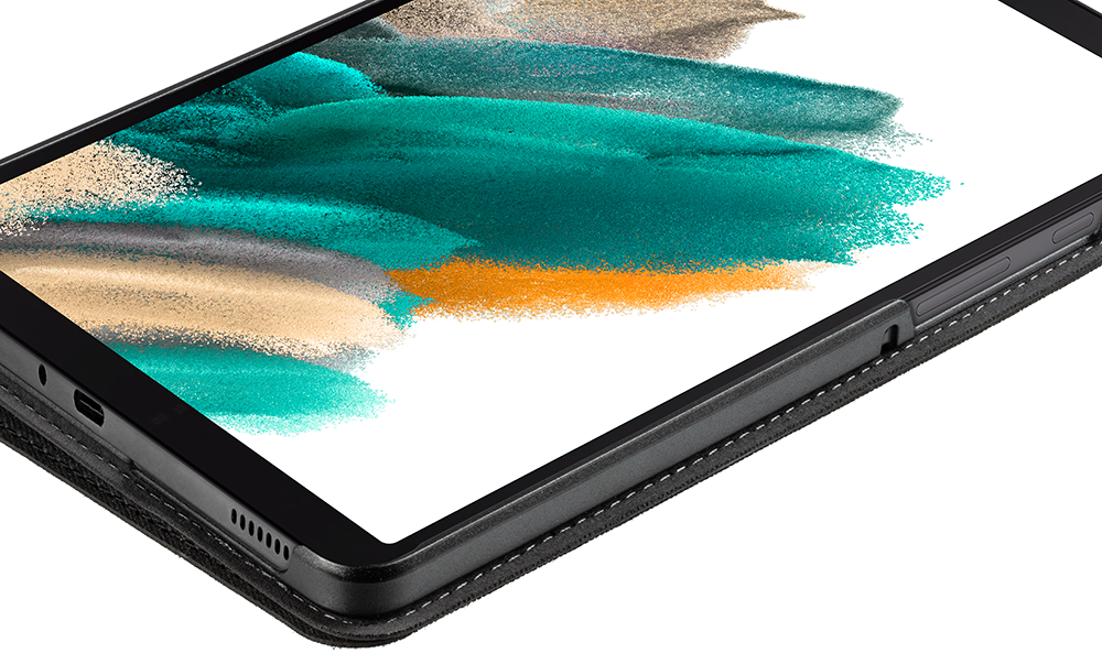 Tablet showing the side of it. Black bezel and black screen.