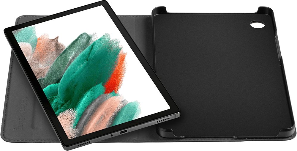 Tablet in a case. Case is open, tablet screen showing a colorful abstract image.