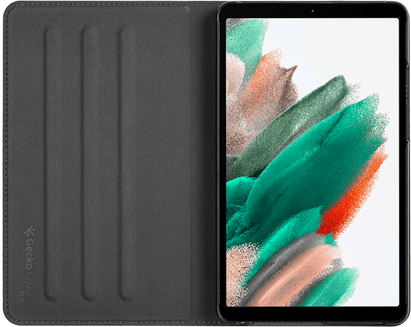 Tablet with cover. Tablet displays a colorful abstract design. Gray cover with stripes.