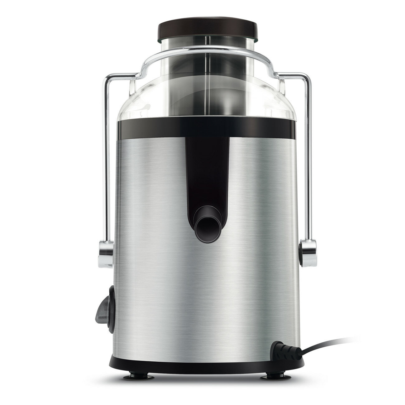 Srebrno-czarna wyciskarka do soków z przezroczystym wieczkiem. Dwa uchwyty i przewód.