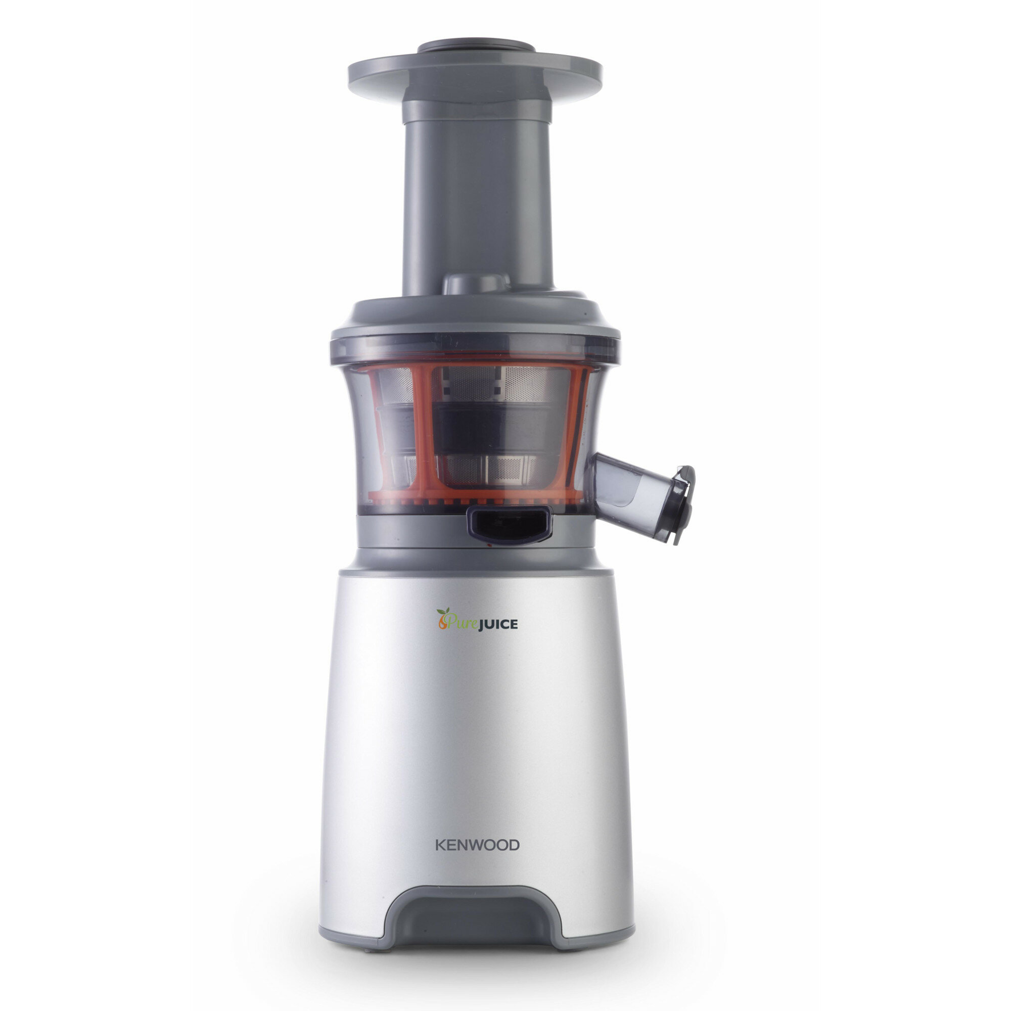Srebrna wyciskarka wolnoobrotowa Kenwood na białym tle.
