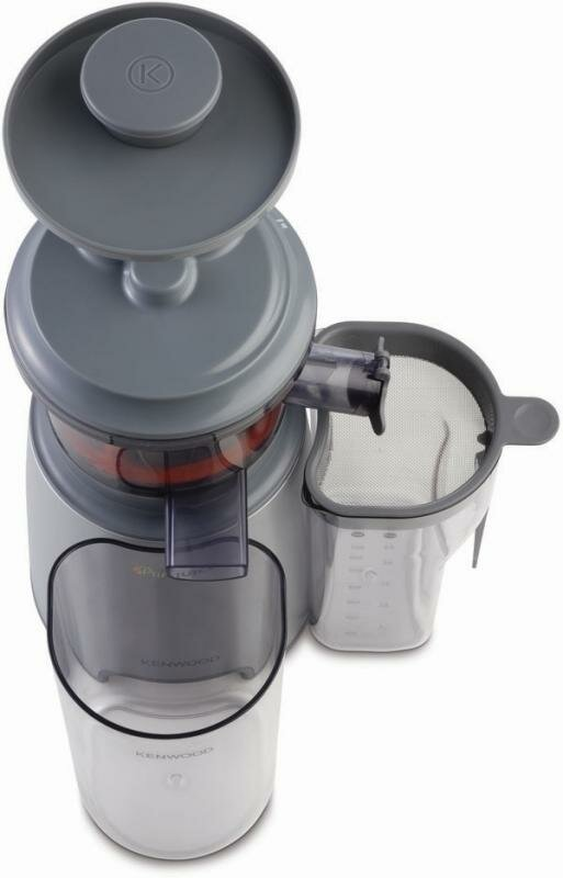 Szara i biała wyciskarka do soku z widocznymi elementami.