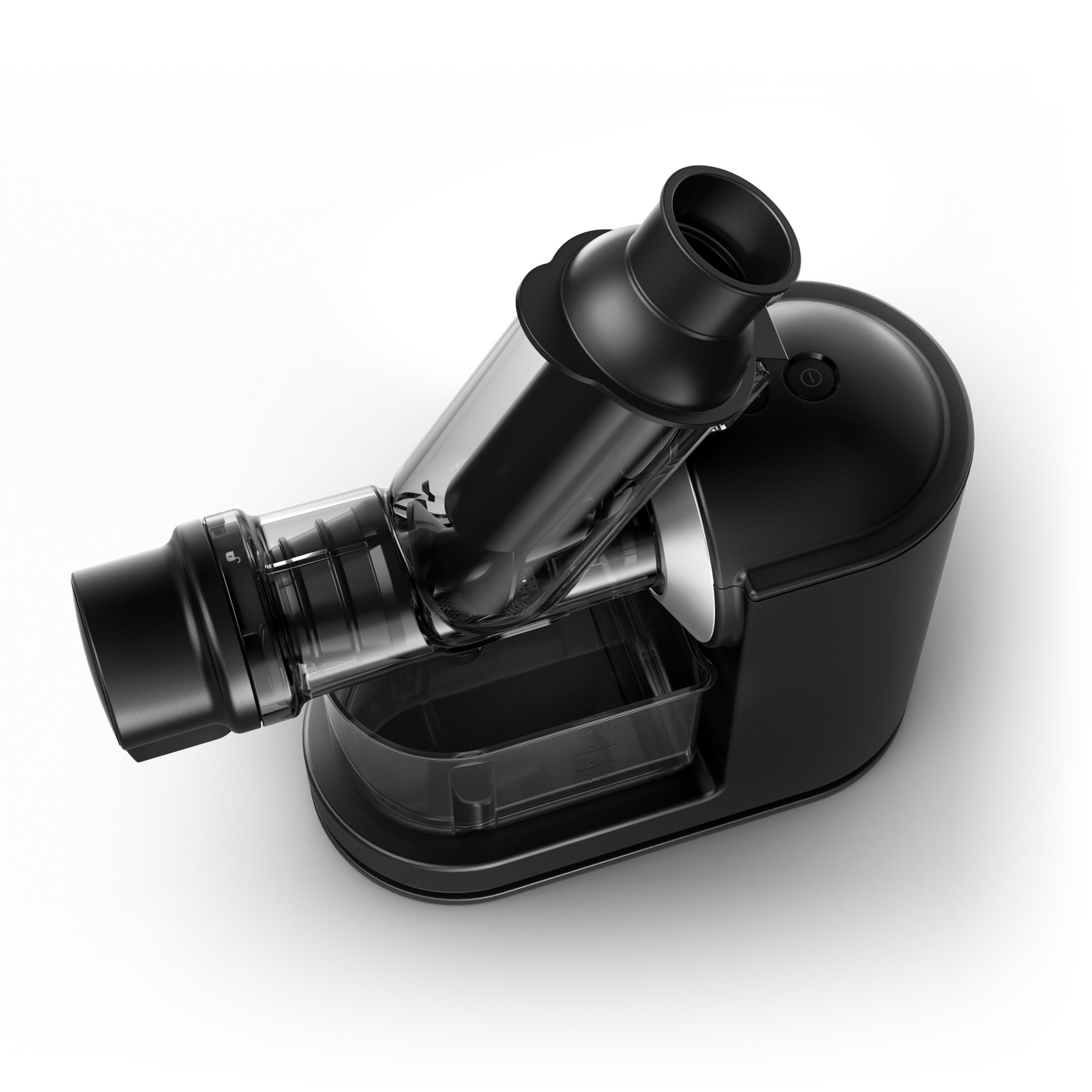 Czarna wyciskarka do soków z przezroczystym pojemnikiem. Wyciskarka stoi na białej powierzchni.