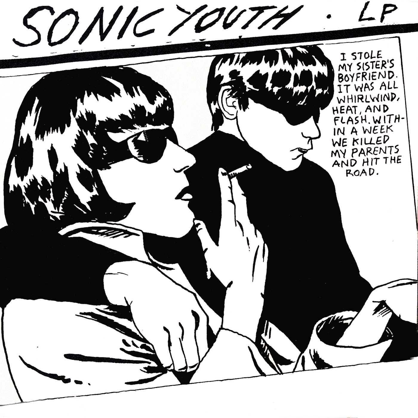 Schwarz-Weiß-Bild eines Paares mit Sonnenbrille. Einer hält eine Zigarette, Text 'Sonic Youth' und LP.