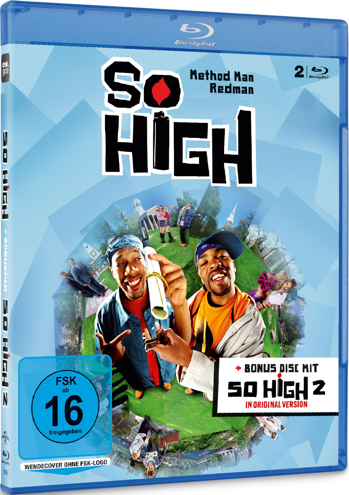 Eine Blu-ray-Disc-Hülle mit einem Filmplakat von zwei Männern, die mit einer Schriftrolle lächeln.