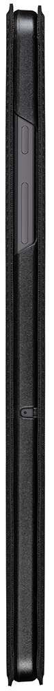 A close-up view of a black phone case with a texture. The side is visible.
