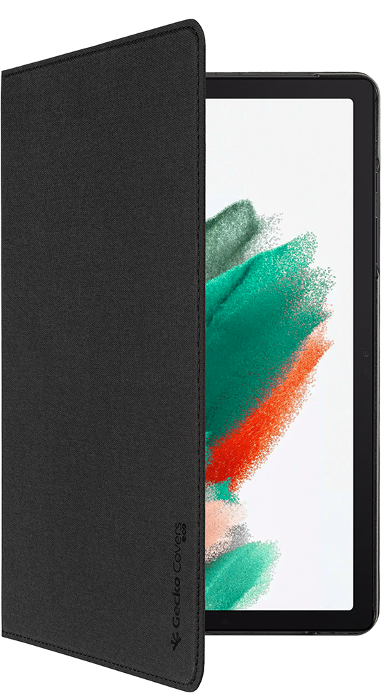 Tablet in a black case, partially open. Shows the screen.
