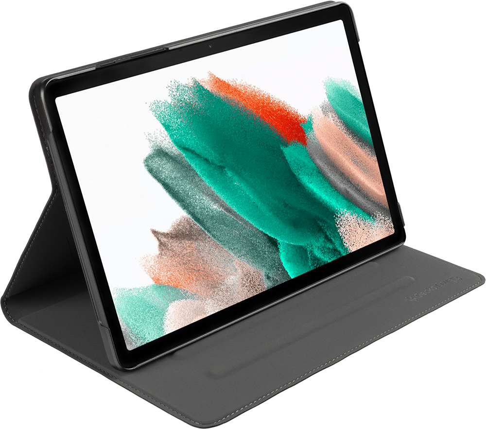 A tablet with a case, showing an image with green, orange, and white colors.