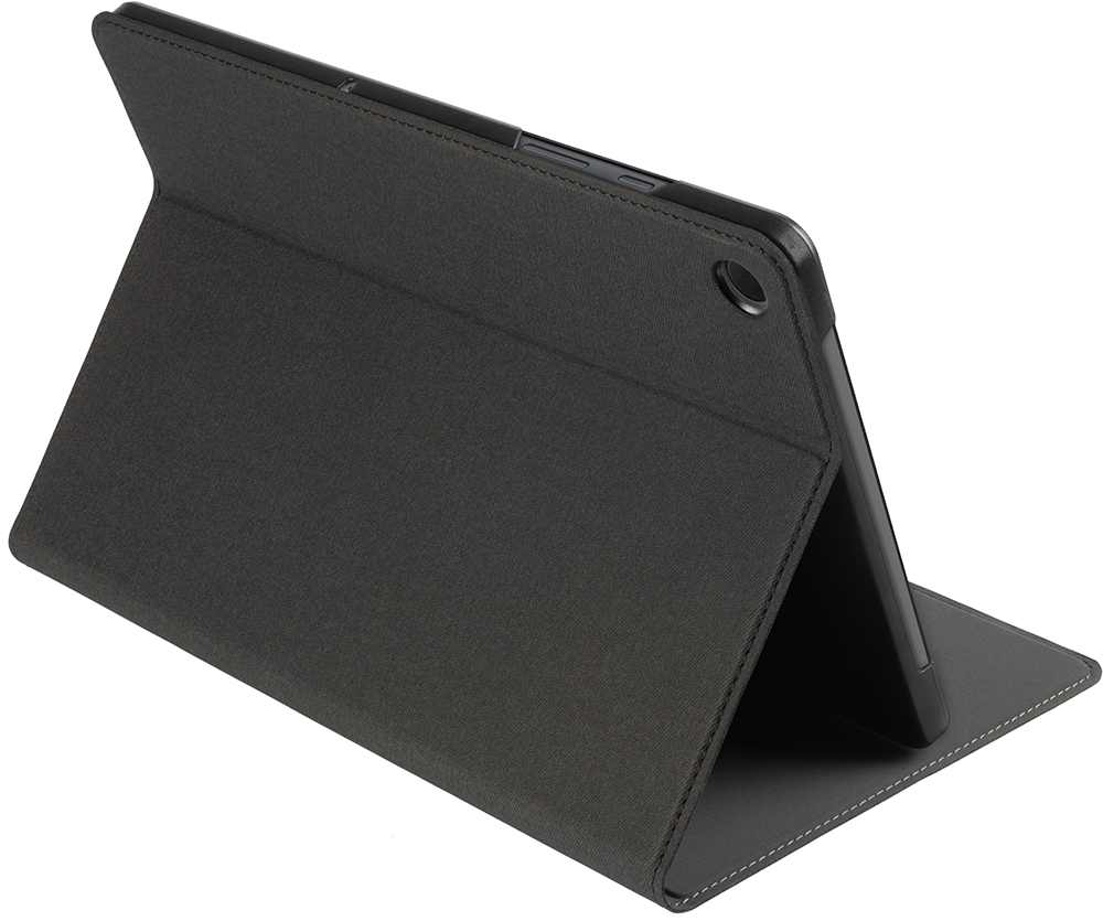 A black tablet in a dark gray case, propped up to display the screen. The case is open.