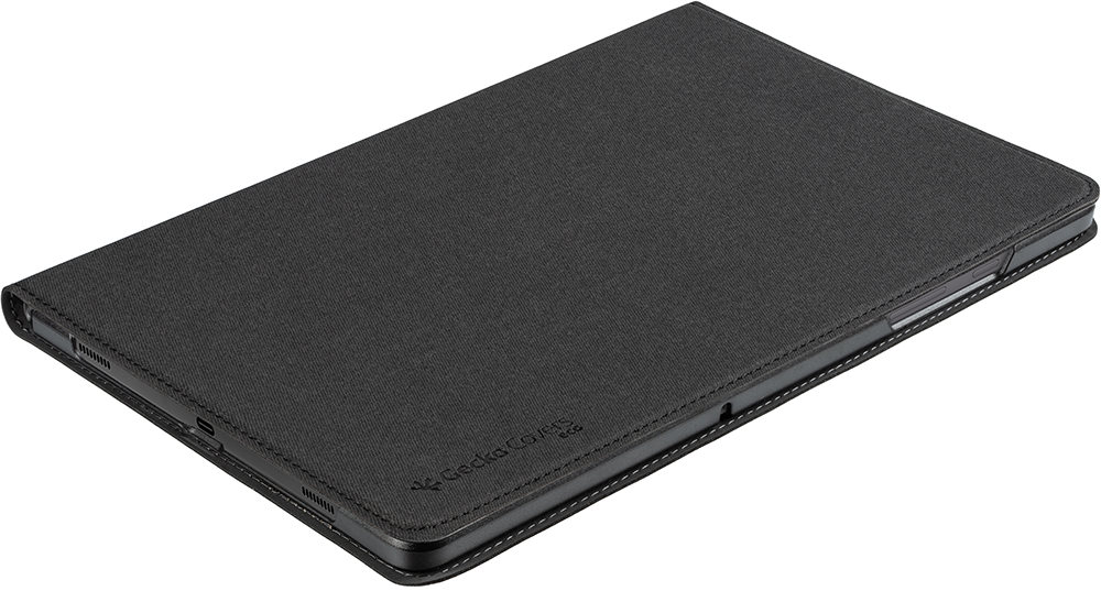 A closed black tablet case with a Gecko Covers logo on a white surface.