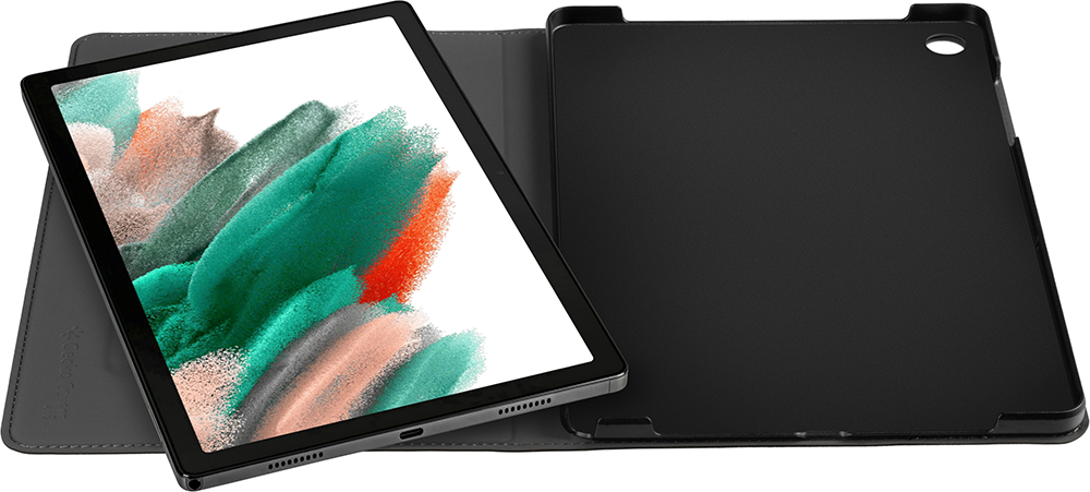 Tablet in a black case, showing a screen with colorful abstract art. Gray background.