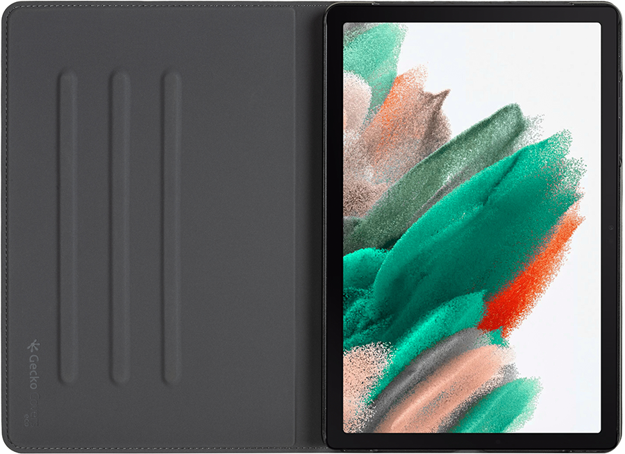Tablet with green and brown abstract design, in a gray case. The brand is Gecko.