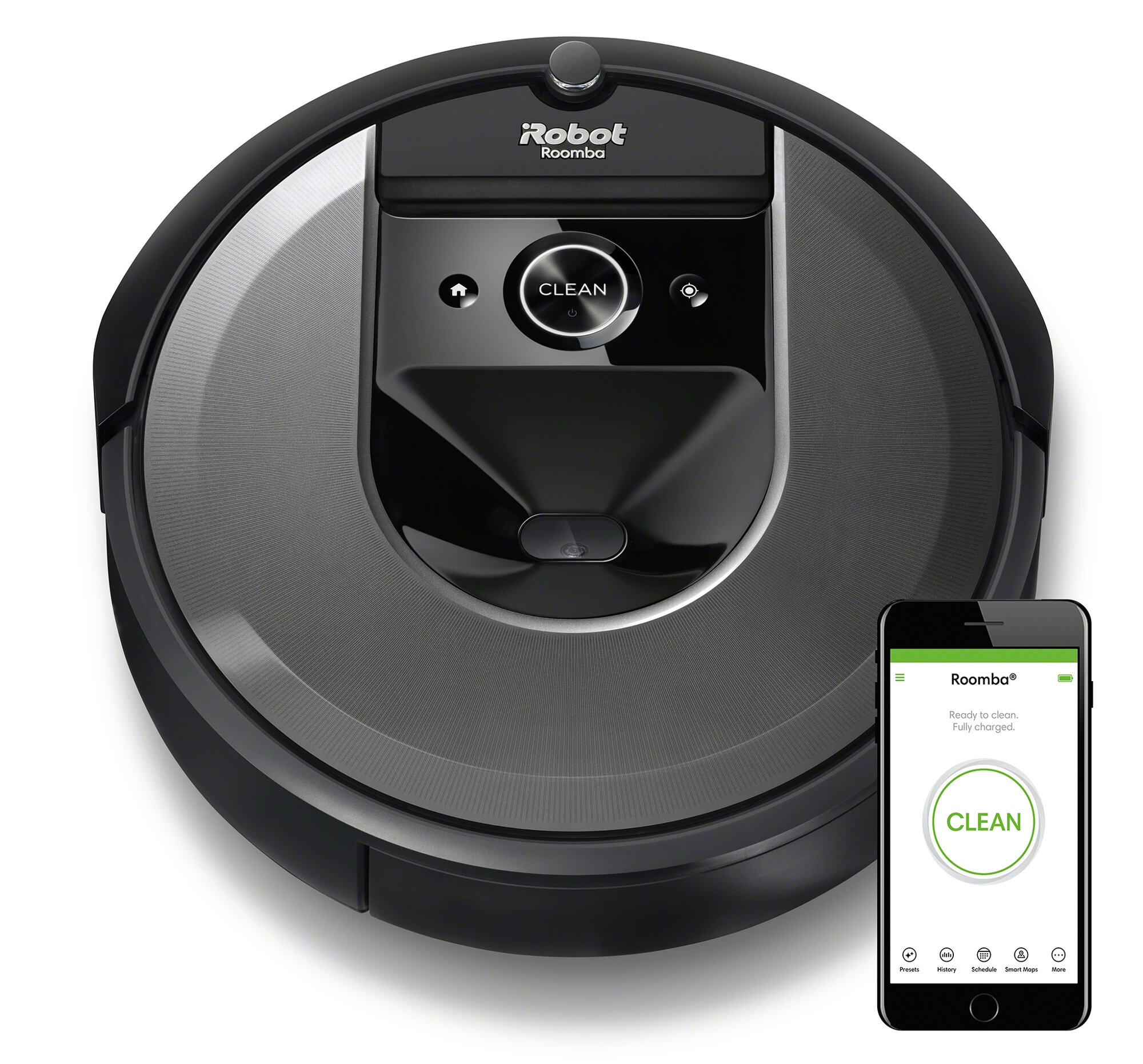 Czarny odkurzacz robot Roomba ze smartfonem wyświetlającym czysty interfejs.