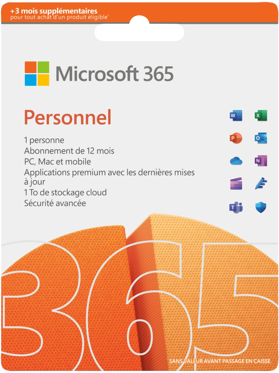 Microsoft 365 Personnel FR 12 mois (+3 mois extra si acheté ensemble avec un laptop*)