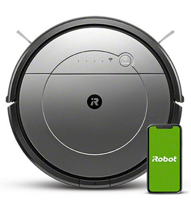 Okrągły, czarny odkurzacz robot i telefon z zielonym logo Robot na białym tle.