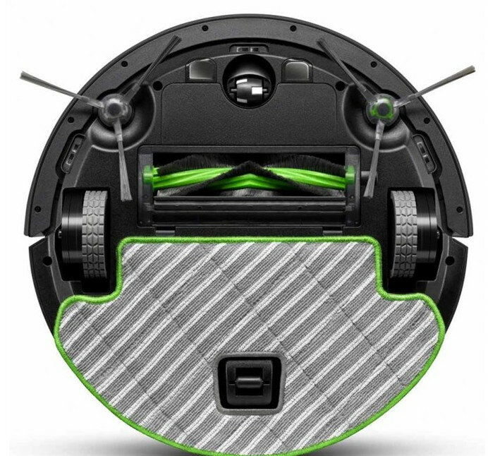 Robot sprzątający, widok od dołu, czarny, z zielonymi szczotkami, szaro-białą nakładką czyszczącą.