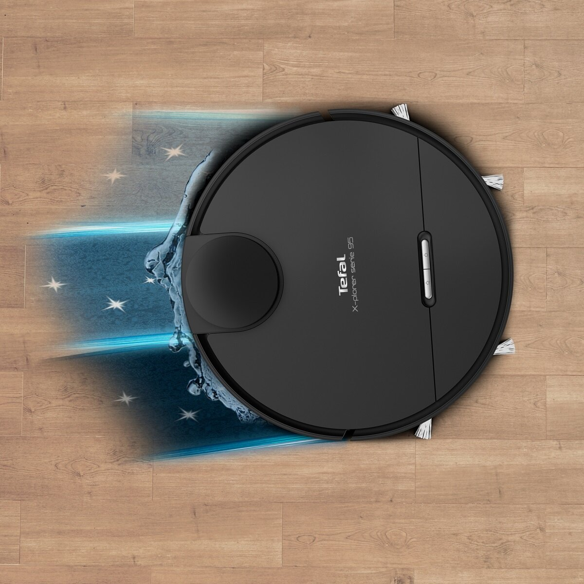 Czarny odkurzacz robot sprzątający drewnianą podłogę, z efektami wody.