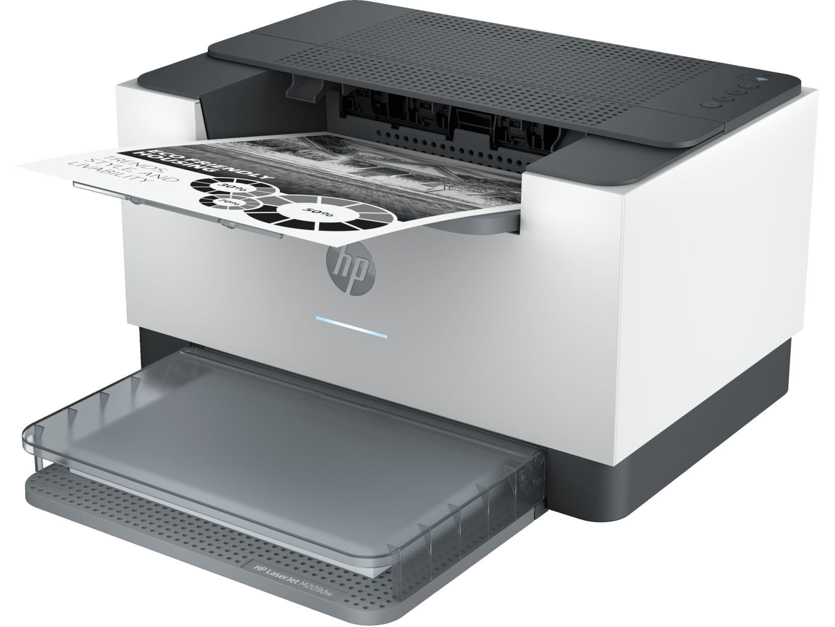 Impresora HP Laser 107w imprimiendo un documento, bandeja de papel abierta.