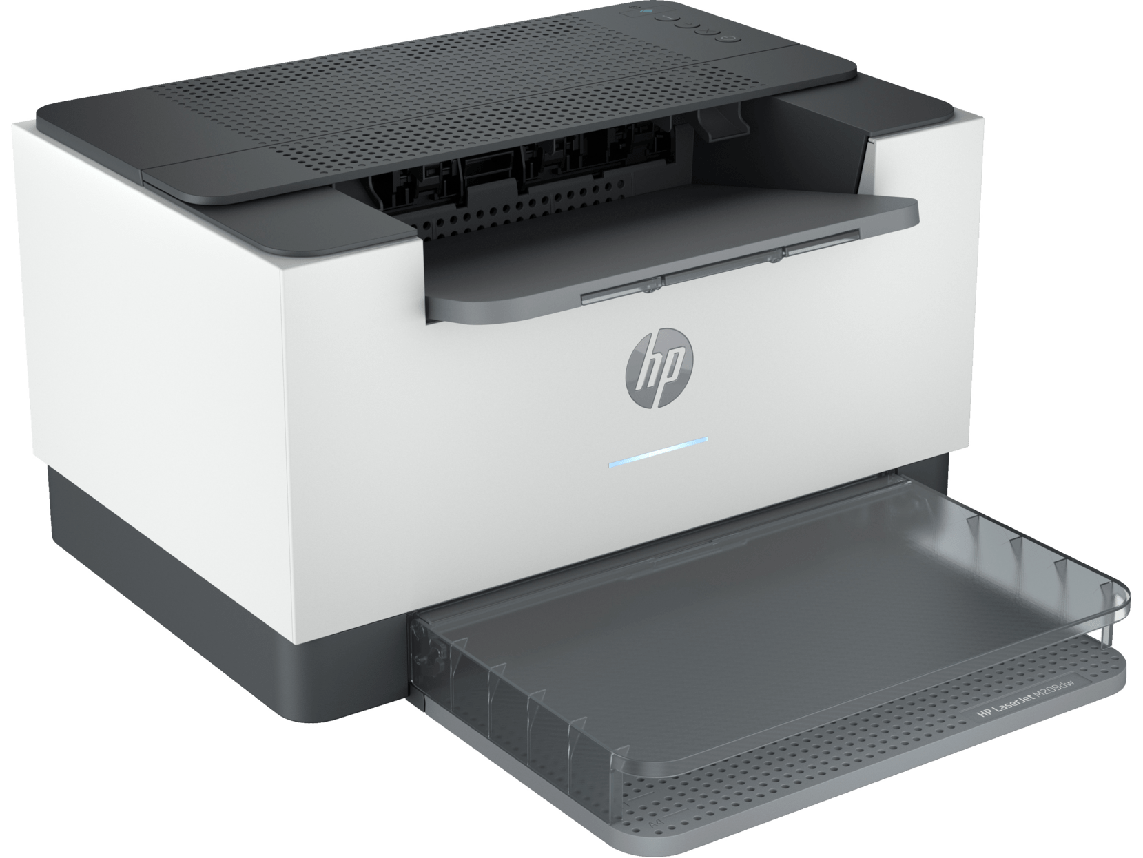 Impresora HP blanca con bandeja de papel extendida. Logotipo HP visible. Fondo blanco.