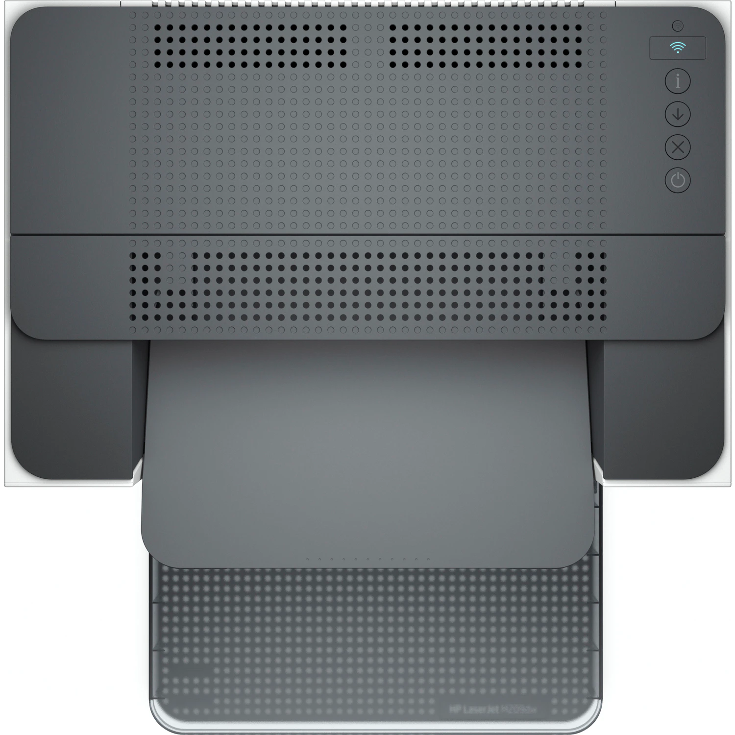 Vista superior de una impresora láser HP gris oscuro con bandeja de papel extendida.