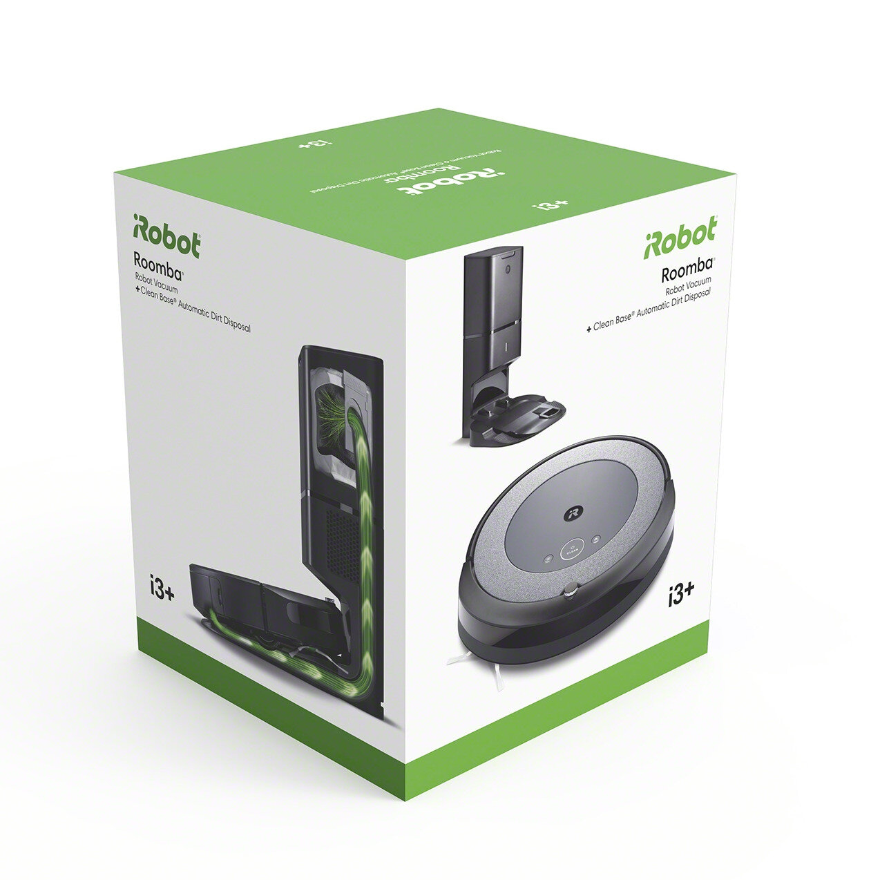 Pudełko odkurzacza robota Roomba ze zdjęciami robota i jego stacji ładującej.