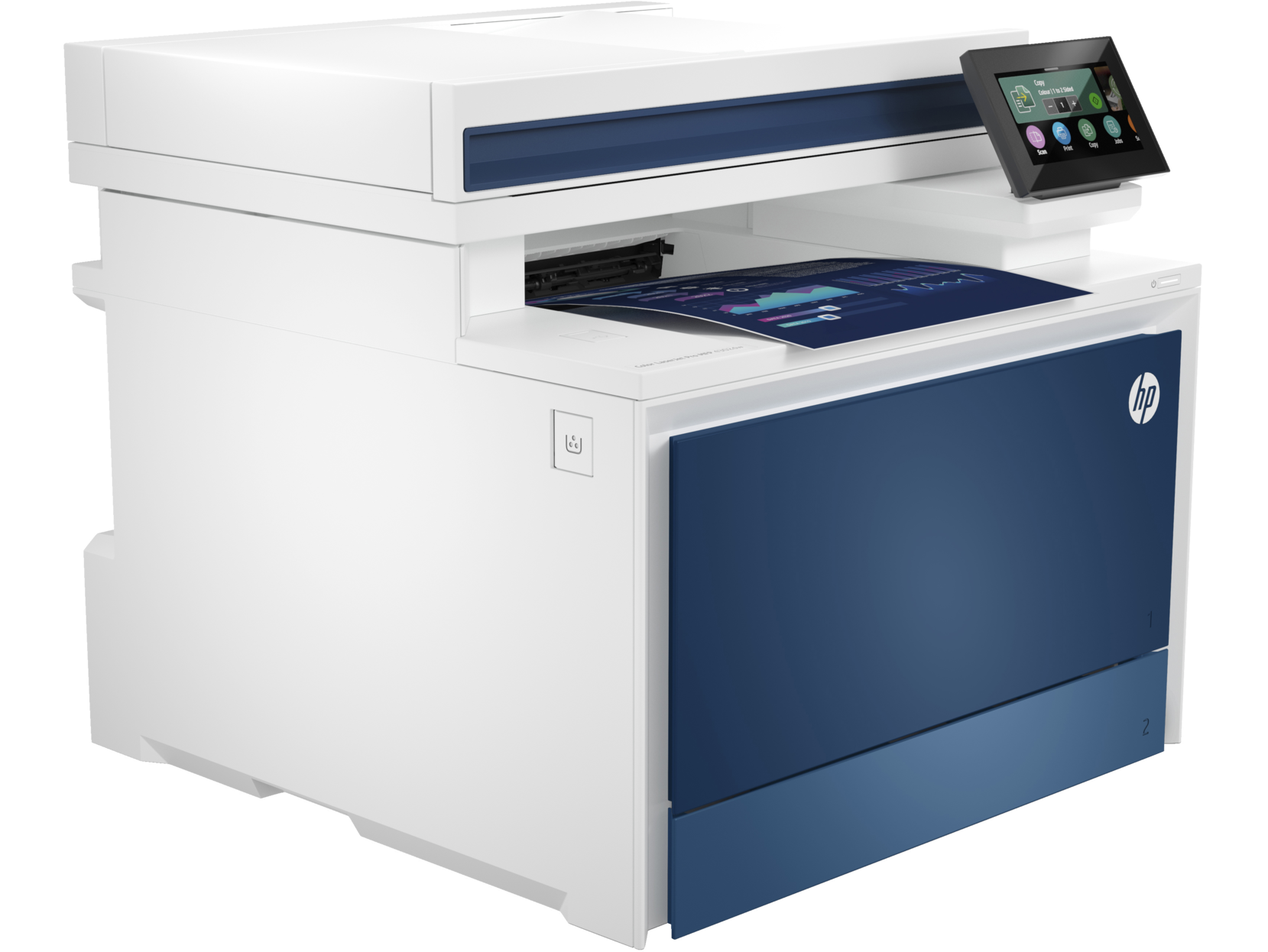 Impresora HP blanca y azul con pantalla táctil y una hoja de papel con un diagrama.