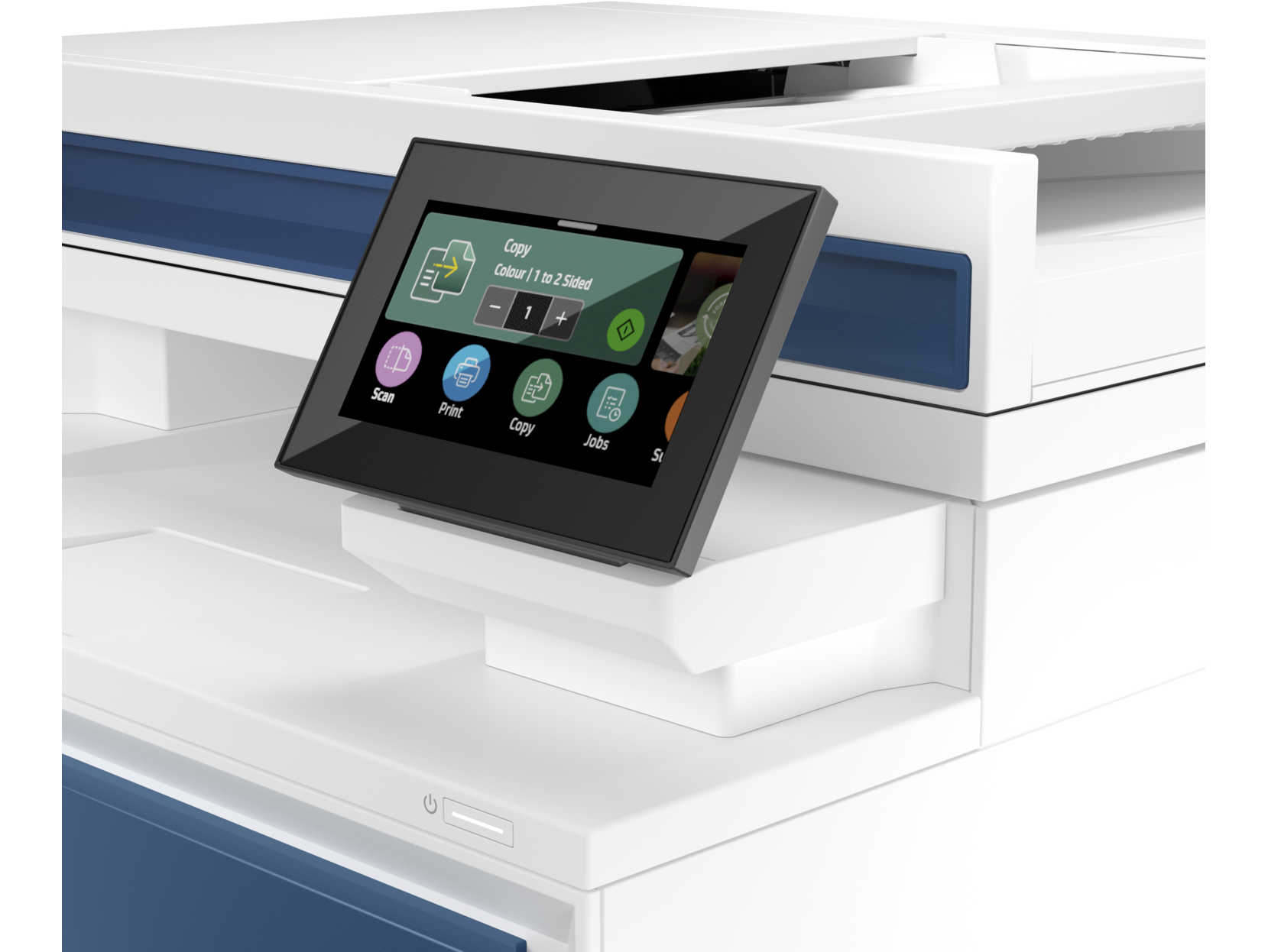 Primer plano del panel de control de una impresora con pantalla e iconos. Marca Xerox.