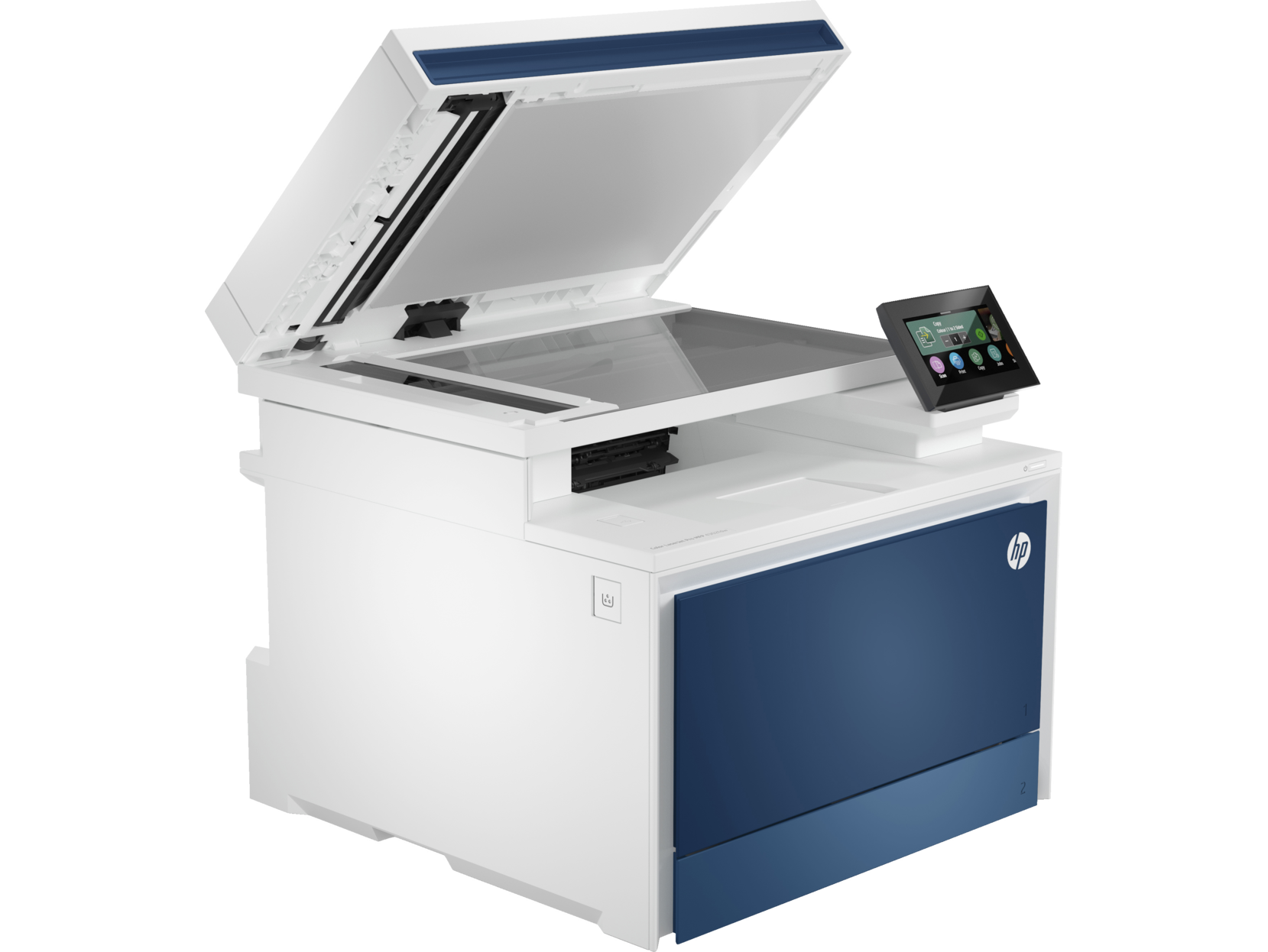 Una impresora blanca y azul con la parte superior abierta y una pantalla lateral.