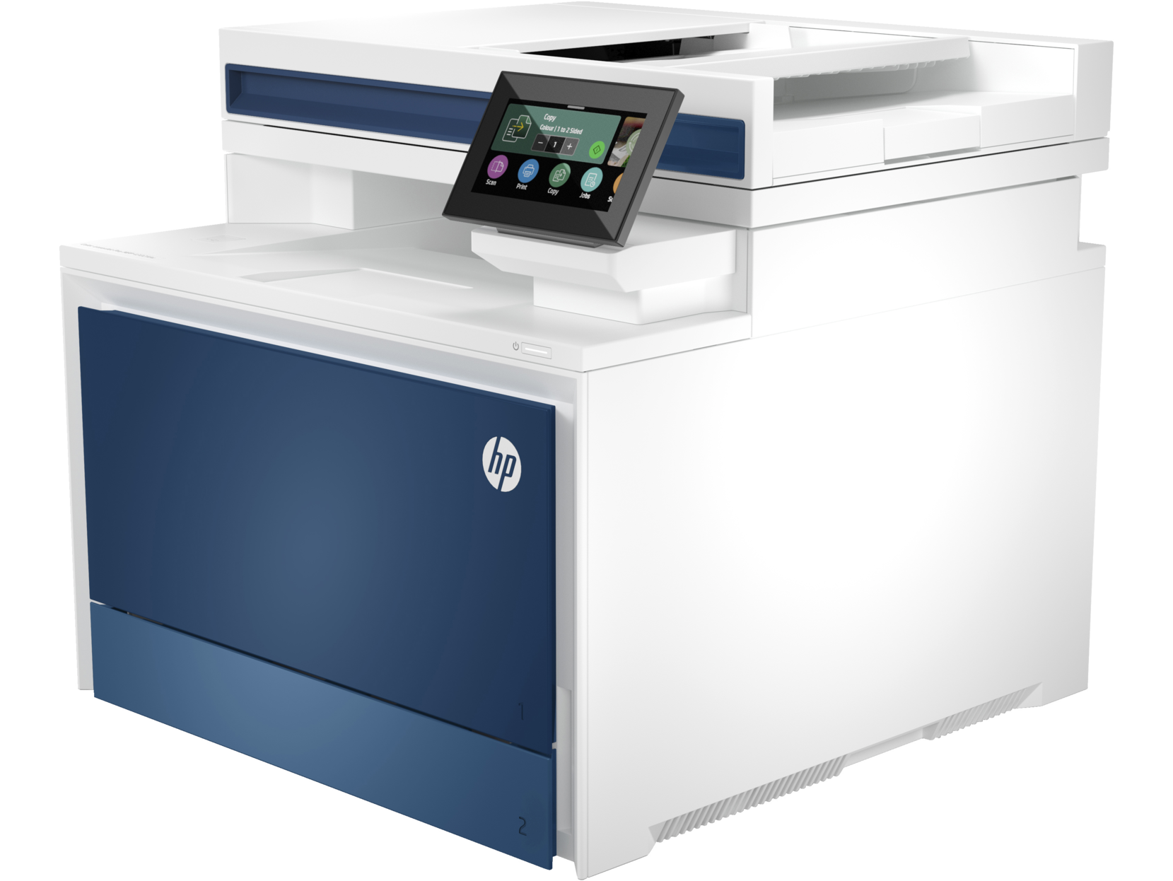 Una gran impresora HP blanca y azul con una interfaz de pantalla táctil.