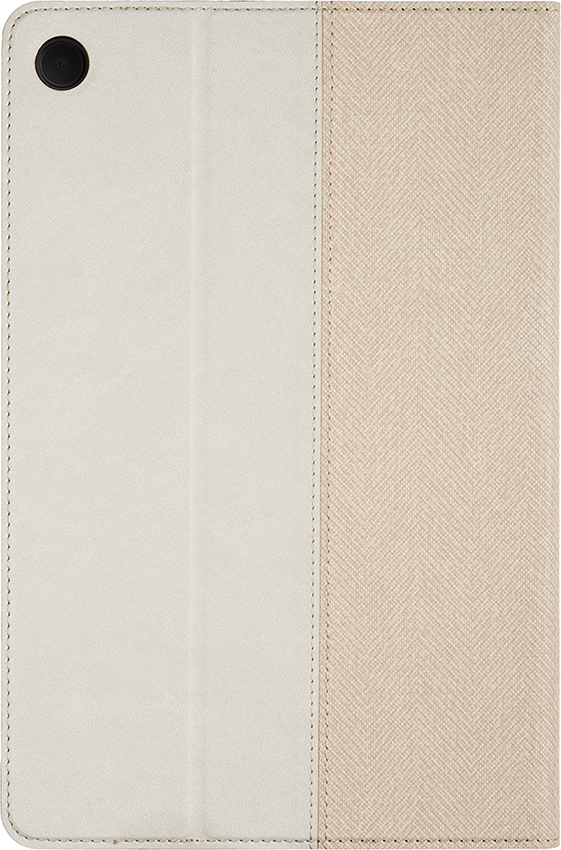 Tablet case, open. It's beige and white with a button and stitched details.