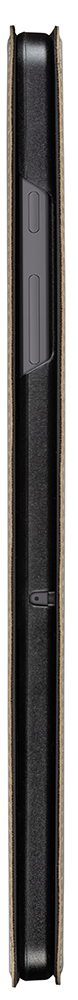 Close-up side view of a phone case, with a tan outer layer and a black inner layer.