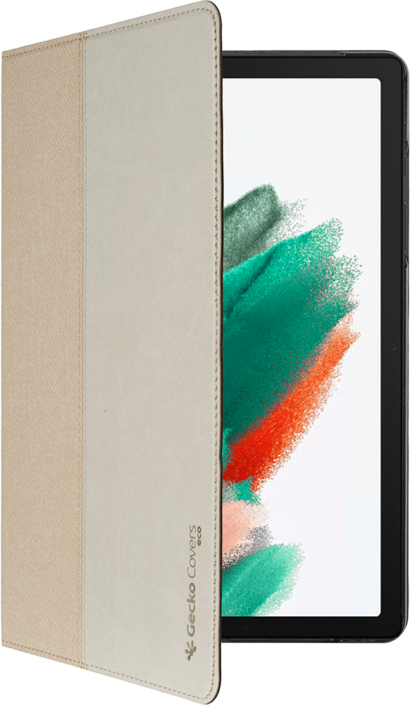 Tablet in a case. Beige and white cover open, displaying a screen with abstract shapes.