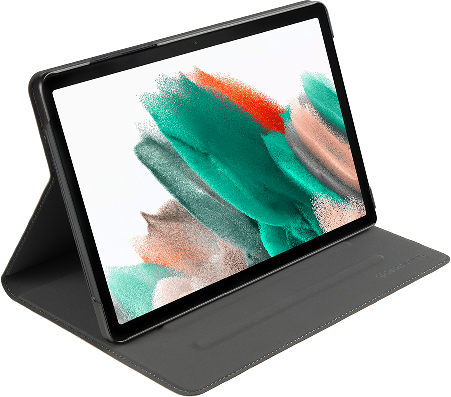Tablet with cover open, showing screen with colorful design.