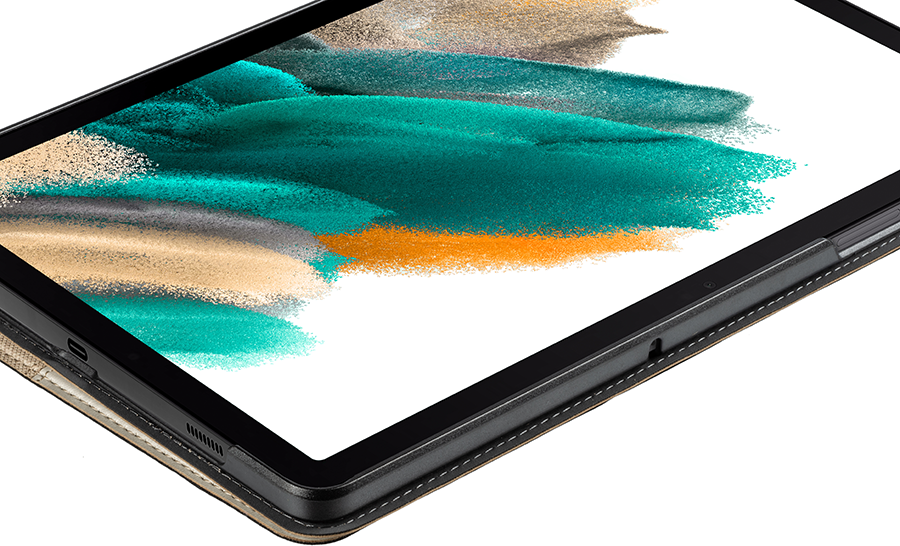 Tablet screen with a green and blue background.