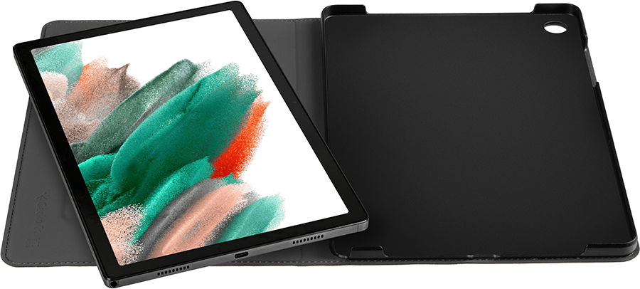 Tablet in black case, screen showing abstract art. Case open. Background is a gray surface.