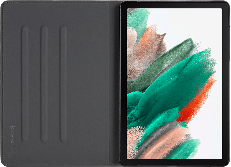 A tablet in a gray case, open to show a colorful abstract background.