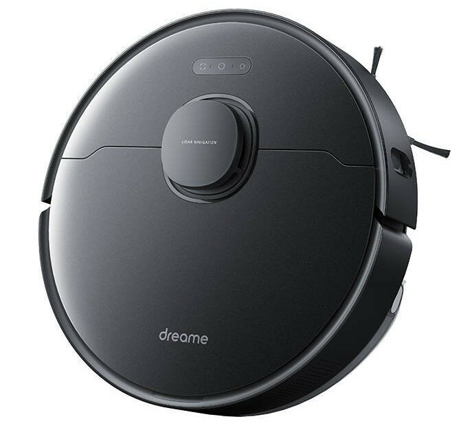 Czarny robot sprzątający Dreame. Okrągły, z centralnym obszarem i przyciskami na górze.