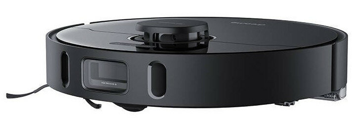 Czarny robot odkurzający. Jest okrągły z czarnym wierzchem i bokami.